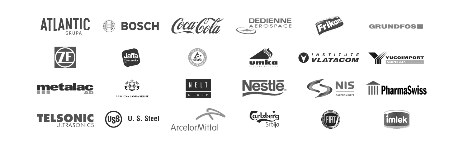 Logoi klijenata: Atlantic Grupa, Bosch, Coca-Cola, Grundfos, Nestlé, Tetra Pak, U.S. Steel i drugi